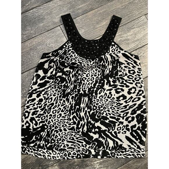 Lapis Beaded Black White Tunic Abstract Top Leopard 2 Layer Size L - Picture 1 of 11